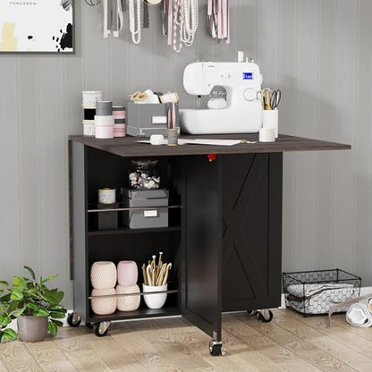 Folding Dining Table for 2-6, Easy Assembly, Dark Brown+Black | 52.7" Folding Dining Table with 6 Wheels, Drop Leaf Table with Drawers, Shelves and Wine Rack for Small Spaces - color: Dark Brown