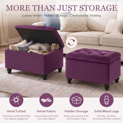 Zihanhome Velvet Storage Ottoman Bench, Button Tufted Ottoman with Hidden Storage, Upholstered Foot Rest Stool with Solid Wood Legs for Living Room, Bedroom, Entryway & Small Spaces (Purple) - color: Velvet-purple