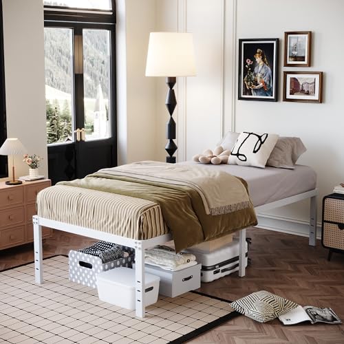DiaOutro 18 Inch White Twin XL Bed Frame Heavy Duty Metal Platform | Steel Slats Platform No Box Spring Needed Mattress Foundation, Easy Assembly, Noise Free - size: Twin XL, style: 18 Inch (White)