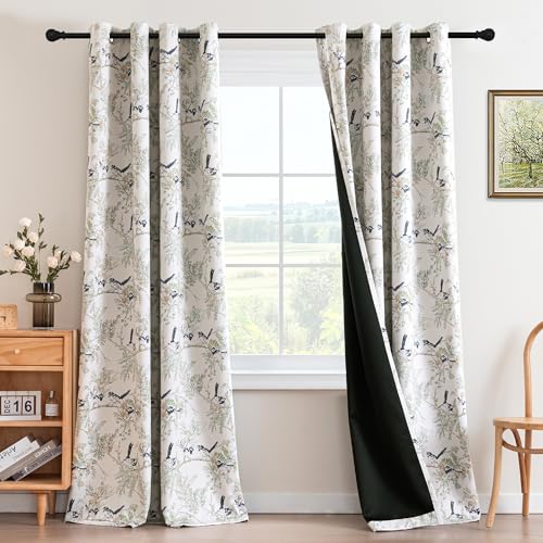 H.VERSAILTEX 꽃무늬 100% 암막 빈티지 커튼 243.8cm(96인치) 길이 패널 2개 세트 프린트 패턴 커튼 드레이프 단열 햇빛 차단 커튼 침실 거실용, 페일 아쿠아/블랙 - color: 페일 아쿠아/블랙, size: 52"W x 96"L (Pack of 2)