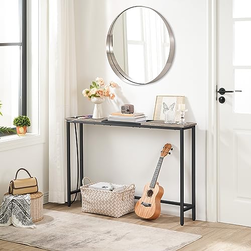 HOOBRO Narrow Console Table with Power Outlets, 44.9 Inches Sofa Table, Slim Behind Couch Table, Entryway Table with Display Shelf, for Living Room, Foyer, Hallway, Greige and Black BG114UXG01 - color: Greige + Black