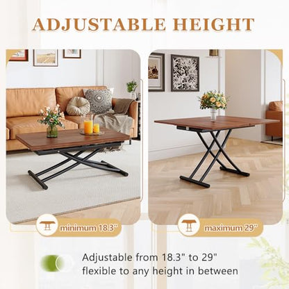 Adjustable Height Coffee Table, 4-in-1 Folding Dining Table, Walnut | Convertible lift top table for use as a coffee table, dining table, home office desk or vanity - color: Walnut & Black Legs
