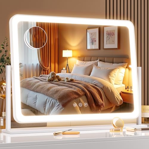 Gvnkvn Lighted Makeup Mirror, 17.3"x13" Hollywood Vanity Mirror with Led Lights, Three Color Lighting Modes, and 5X Magnification Mirror, Smart Touch Control, 360°Rotation(Round Corner) - color: Round Corner White
