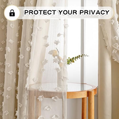 MYSKY HOME Double Layer Curtains for Girls Bedroom Kids Curtain Beige Pom Pom Sheer Window Curtains 2 Panels Beige Curtains Grommet Room Darkening Solid Nursery Curtains 63 Inches Length, W52 X L63 - color: Z-beige, size: 52"W x 63"L (Pack of 2)