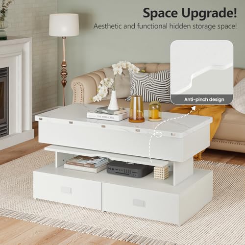 Turosur 40" Lift Top Coffee Table, Coffee Tables with Storage and 4 Drawer, Coffee Table with Lifting top with LED Lights for Living Room Home Office - color: White