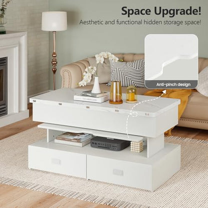 Turosur 40" Lift Top Coffee Table, Coffee Tables with Storage and 4 Drawer, Coffee Table with Lifting top with LED Lights for Living Room Home Office - color: White