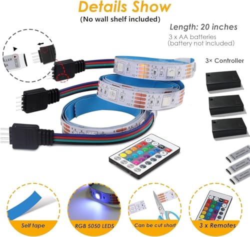 3-Pack Shelf Lights, Upgrade Battery Operated 20inch Led Strip Lights | Color Change with Timer Floating Shelves LED Wall Lights, DIY Led Lights with Remote for Bedroom, Kitchen, Indoor Room Decor