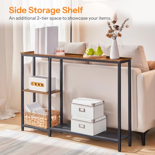 HOOBRO Narrow Console Table, Sofa Table, 44.9" Skinny Entryway Table, Long Behind Couch Table with Storage Shelves, for Living Room, Foyer, Hallway, Rustic Brown and Black BF86XG01 - color: Rustic Brown + Black