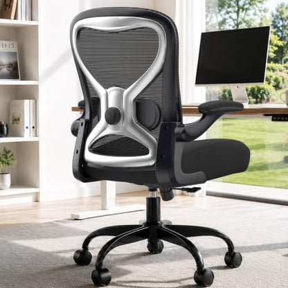 Ergonomic Home Office Chair, 4-Way Lumbar, Thick Cushion, 330LBS | Adjustable Lumbar (up/down/in/out), Rocking Mesh Back, Flip-up Arms, Easy Assembly, Ideal for home offices & small workspaces - color: Black With Finish Silver