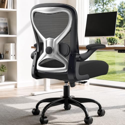 Ergonomic Home Office Chair, 4-Way Lumbar, Thick Cushion, 330LBS | Adjustable Lumbar (up/down/in/out), Rocking Mesh Back, Flip-up Arms, Easy Assembly, Ideal for home offices & small workspaces - color: Black With Finish Silver