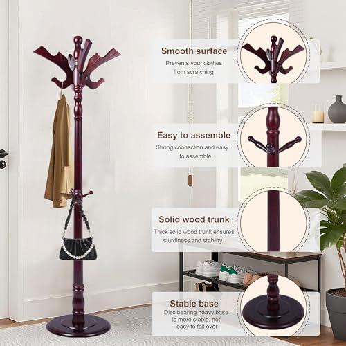 Wooden Coat Rack Freestanding with 11 Hooks, Adjustable Height Coat Tree Free Standing Heavy Duty for Entryway, Easy Assembly Solid Wood Sturdy Coat Hats Hanger Stand for Office Hallway Bedroom - color: Redwood-Solid Wood Hook A
