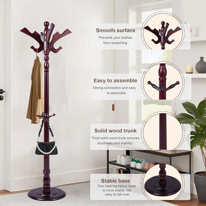 Wooden Coat Rack Freestanding with 11 Hooks, Adjustable Height Coat Tree Free Standing Heavy Duty for Entryway, Easy Assembly Solid Wood Sturdy Coat Hats Hanger Stand for Office Hallway Bedroom - color: Redwood-Solid Wood Hook A