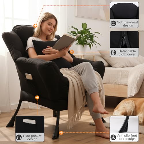 Lazy Chair, Comfy Reading Chair for Bedroom，Black | Comfy Bedroom Accent Chair with Washable Removable Cover and extra throw pillow for Living Room Dorm - color: Peach Black-single