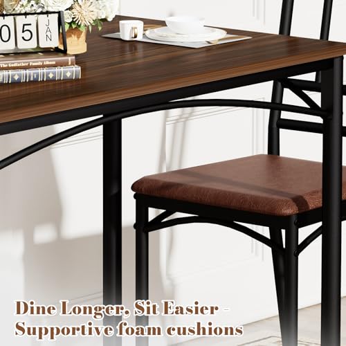 5-Piece Dining Table Set with 4 Chairs & Adjustable Feet, Upholstered Seats Kitchen Table and Chairs Set of 4, Space-Saving Design for Small Apartments and Dining Rooms, Walnut - color: Walnut, size: 5-piece