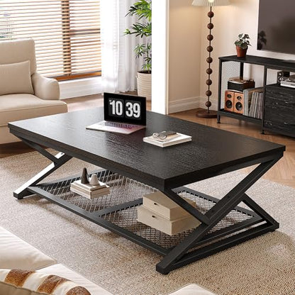 EnHomee Coffee Table, Storage & Shelf, X-Frame Stability, Black Oak | Families, Wood & Metal, Holds Magazines & Drinks, Modern Design, Living Room, 47.2“ - color: Black Oak, size: 47.2 Inch