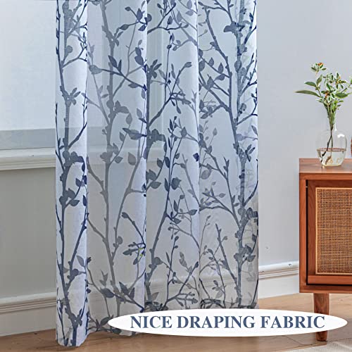 White Navy Blue Curtains 84 Inch Length 2 Panels Set, Semi Sheer Window Curtain Drapes for Living Room/Bedroom, Blue Nature Tree Branches Patterned Linen Textured Curtains, Grommet Top W52XL84 - color: Navy Blue, size: 52"W x 84"L (Pack of 2)