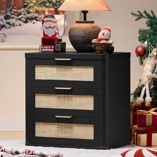 LEYAOYAO Rattan 23" Nightstands with Drawers for Bedroom | Gold Metal Handle, Storage Shelf, Black Night Stand, Boho Bedside Table, Bed Side End Tables Living Room, Hallway - color: Boho Black, size: 3 Drawers