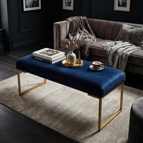Cortesi Home Claymore Large Ottoman Bench with Painted Gold Legs, Blue Velvet, 48"