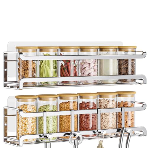 Bunoxea Spice Rack Wall Mounted 2 Pack, Silver,For Spice Jars & Seasonings | 2 Removalble Hooks,Screw or Adhesive Hanging, Space-Saving,For Kitchen Cabinet, Pantry Door,Stove,RV Use,11.41x2.75x2.75in - color: Silver, size: 2Pack