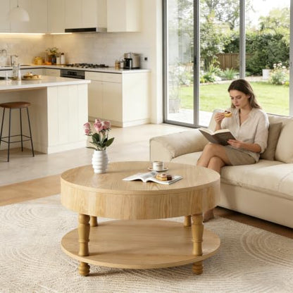 31.5" Round Coffee Table with Storage, 2 Tier Modern Center Table, Adjustable Leveling Feet, Easy Assembly, Wood Coffee Table for Living Room, Apartment, Small Space. (Natural Wood) - color: Natural-n
