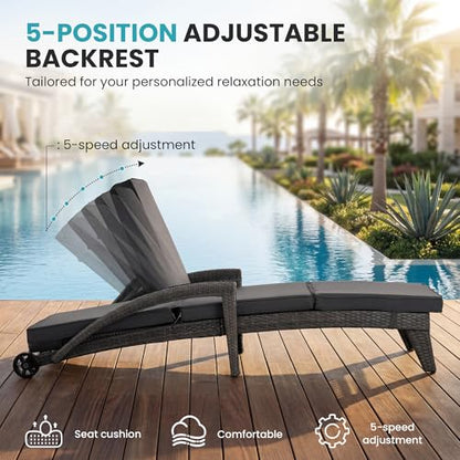 Patio Chaise Lounge Set of 2, Wicker Lounge Chairs Outdoor with Wheels, Wicker Chaise Lounges with Armrests All Weather, Solid Grey - color: Solid Grey, size: 2 pack