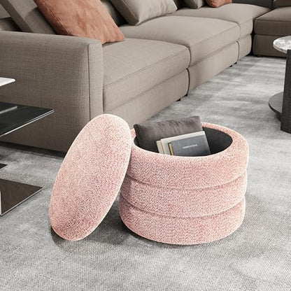 allamazing Storage Ottoman, Round Ottoman with Storage, Vanity Stool Foot Rest with Removable Lid, Round Boucle Upholstered for Living Room Pouf Footstool (Pink) - color: Pink