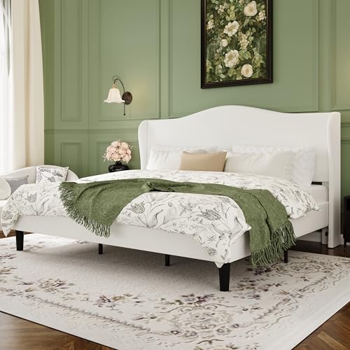 HA CERLIN King Size Bed Frame with Curved Wingback Headboard,Soft White | Modern Luxury Design Velvet Platform Bed with Sturdy Wooden Slats,Noise-Free, No Box Spring Needed, Easy Assembly - color: Soft White, size: King