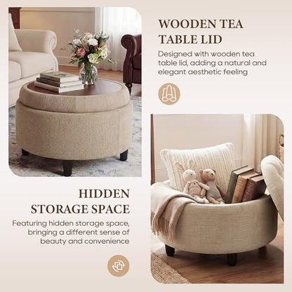 COLAMY Round Hidden Storage Ottoman with Reversible Tray Lid – Multi-Functional Footrest, Sturdy & Stylish Fabric Coffee Table for Living Room, Bedroom, or Entryway, Camel - color: Camel