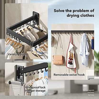 BOQORAD Drying Rack Clothing, Retractable Clothes Drying Rack,Wall Mounted Laundry Rack, Laundry Drying Rack Wall Mount,Collapsible Clothes Rack,can Fold Upward & Left & Right,Black Color - color: Black