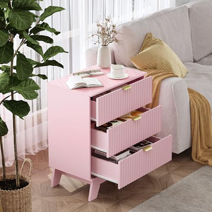 Pink Night Stand with 3 Drawers, Bedside Table & End Table, 24" Wide Mid Century Modern Fluted Wood Nightstand with Metal Handles, Farmhouse Night Stands for Bedroom - color: Pink, style: 3 Drawers