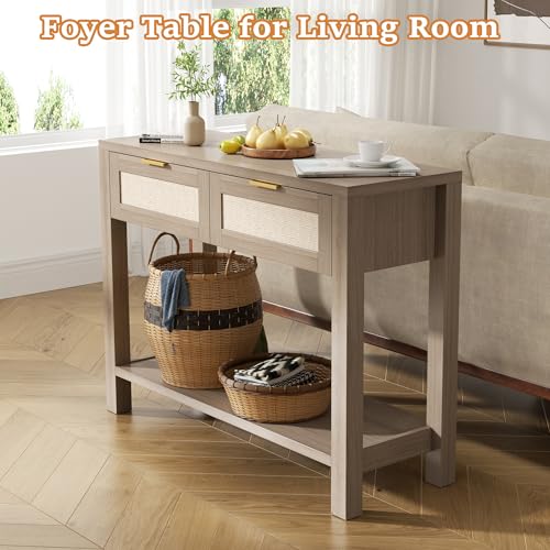 Boho Chic Console Table with 2 Rattan Drawers and Open Shelf Storage, Narrow Farmhouse Sofa Table for Small Space Entryway, Living Room,Hallway, Caramel Oak - color: Caramel Oak