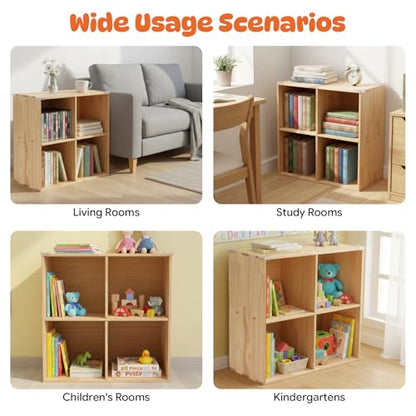 4 Cube Storage Organizer, Solid Wood Bookshelf with Back Panel, Floor Standing Open Bookcase, Vertical or Horizontal Shelf Unit for Living Room Office (23.6" L x 11.8" W x 23.6" H) - size: 4-Cube