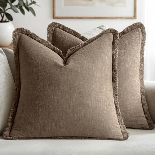 MIULEE Linen Fringe Decorative Fall Throw Pillow Covers Cocoa Brown 18x18 | Set of 2, Cottagecore Decor, Boho Farmhouse Neutral Pillow Covers, Rustic Fall Couch Cushion Cases for Sofa Bed Living Room - color: Cocoa Brown, size: 18" x 18" (Pack of 2)