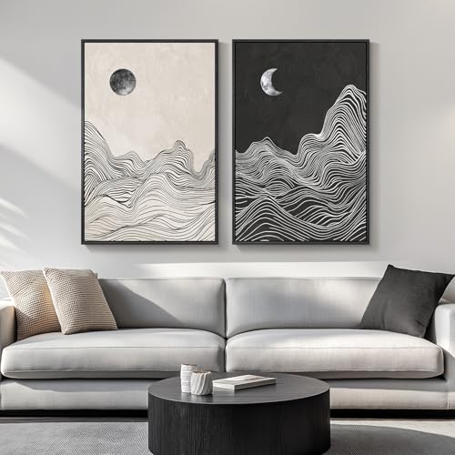 Large Framed Black and White Abstract Wall Art for Living Room, Set of 2 Modern Canvas Prints Paintings Artwork for Walls, Abstract Mountain and Moon Pictures for Bedroom Hallway Wall Decor 24x36 In - color: Celestial Flow, size: 24" W x 36" H x 2Pcs