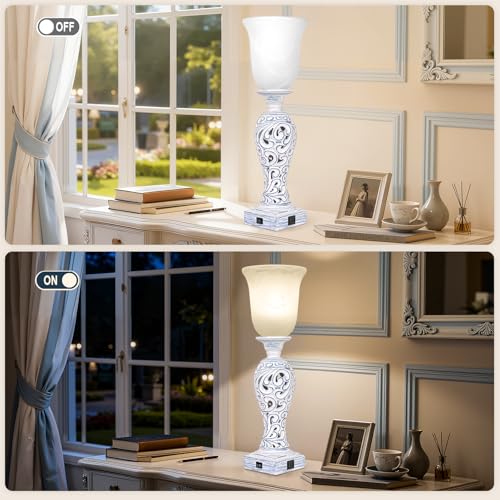 3-Way Dimmable Table Lamp with 2 USB Charging Ports, Washed Blue Finish | 20" Desk Lamp, Uplight, White Alabaster Glass Shade, Rustic Farmhouse Nightstand Light for Living Room Entryway or Office - color: Washed Blue-1 PCS