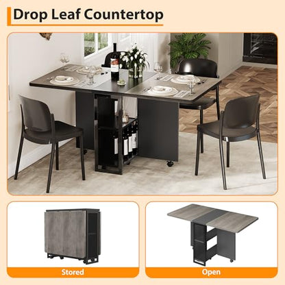 Premium Folding Dining Table - Space-Saving Drop Leaf Design with 6 Wheels & 2-Tier Storage - Expandable Kitchen & Dining Room Table in Grey