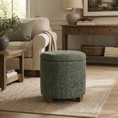 HomePop 18.5" Round Storage Ottoman with Nailheads - Green Clover Fabric - color: Green Clover Fabric