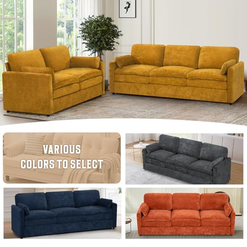 89" Chenille Soft Sofa w/Well-Filled Backrests, Yellow | Modern Couch w/Plump Pillows, 3 Seater Upholstered Couch w/Thick & Comfy Cushions for Living Room, Bedroom - color: Yellow, size: Sofa