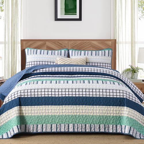 DJY Striped Queen Size Quilt Set, Navy Blue Green Boho Bedspread Coverlet Set with 2 Pillowcases, 3 Pieces Soft Lightweight Microfiber Patchwork Quilt Bedding Set for All Season (96"x90") - color: Navy Blue Green, size: Queen