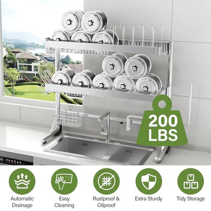 Over The Sink Dish Drainer Drying Rack 3 Tier, Full Stainless Steel Dish Drying Rack Adjustable Length 20.9''-37.4'' , Kitchen Sink Shelf, Organized Space-Saving Dish Rack with Pots and Pans Rack - color: Silver, size: 3 Tier with Pots and Pans Rack