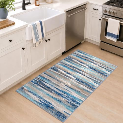 Lansny Modern Abstract Washable 2x4 Runner Rug Non Slip Entryway Runners | Blue;Thin Printed Faux Wool Kitchen Rugs;Hallway Runner Rug;Floor Carpet Ruuner for Bedroom, Laundry Room;Non Skid Door Mat - color: Blue Aqua/Beige Taupe Multi, size: 2' x 4' (Run