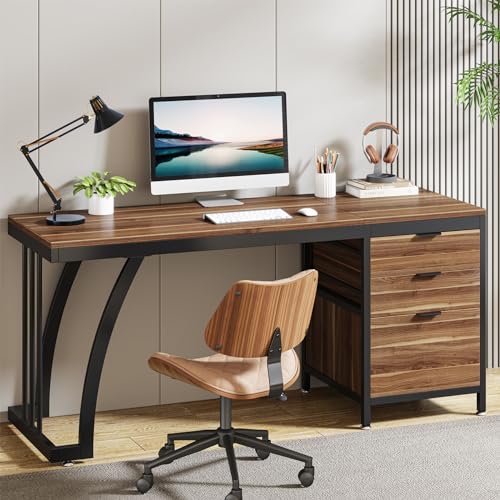 Tribesigns Computer Desk with 3 Drawers, 59-Inch PC Desk with Reversible Drawers, Industrial Study Writing Table Workstation with File Storage for Home Office, Walnut - color: Walnut