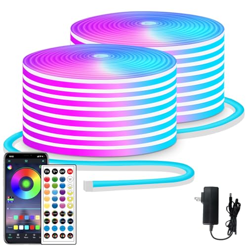 segrass 100ft LED neon Lights with Remote APP Control IP65 Waterproof Flexible Neon LED Strip Lights 24v RGB LED neon Rope Lights for Bedroom Room Outdoors Decor（2 Rolls of 50ft - size: 100ft