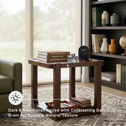 Signature Design by Ashley Breckington End Table, Dark Brown Side Table with Lower Shelf, Contemporary Style for Deep Couches, Hardwood Solids, Oak Veneer and MDF Substrate, 27" W - color: Dark Brown - Shelf