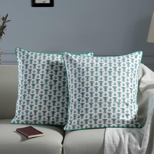 Block Print Aquamarine Blue Pillow Cover 16" x 16" (Pack of 2) Decorative Couch Pillows for Living Room, Farmhouse Chic Boho Cute Outdoor Pillows Covers Gifts for Spring, Mother's Day - color: Aquamarine Blue, size: 16" x 16" (Pack of 2)
