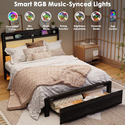 Garvee Full Wooden Rattan Bed Frame Bohemian with Storage and LED Lights | Cane Headboard with Charging Station, Wooden Slats, Noise-free, No Box Spring. Country Farmhouse Bed Frames Black - color: Black, size: Full