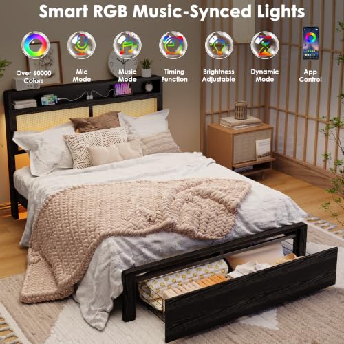 Garvee Queen Wooden Rattan Bed Frame Bohemian with Storage and LED Lights | Cane Headboard with Charging Station, Wooden Slats, Noise-free, No Box Spring. Country Farmhouse Bed Frames Black - color: Black, size: Queen