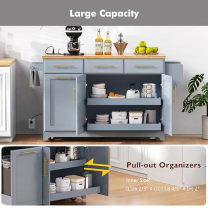 59.3" Rolling Kitchen Island with Trash Can Storage, Mobile Kitchen Storage Island with Drop Leaf, Power Outlet, Pull Out Cabinet Organizer (Greyblue) - color: Greyblue