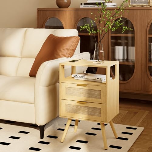 Rattan Nightstand with Charging Station,Farmhouse Bedside Table with 2 Storage Drawer and Open Wood Shelf, for Bedroom and Small Spaces,Night Stand with Solid Wood Legs (Yellow Oak-Outlet) - color: Yellow Oak-outlet