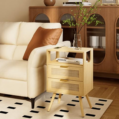 Rattan Nightstand with Charging Station,Farmhouse Bedside Table with 2 Storage Drawer and Open Wood Shelf, for Bedroom and Small Spaces,Night Stand with Solid Wood Legs (Yellow Oak-Outlet) - color: Yellow Oak-outlet